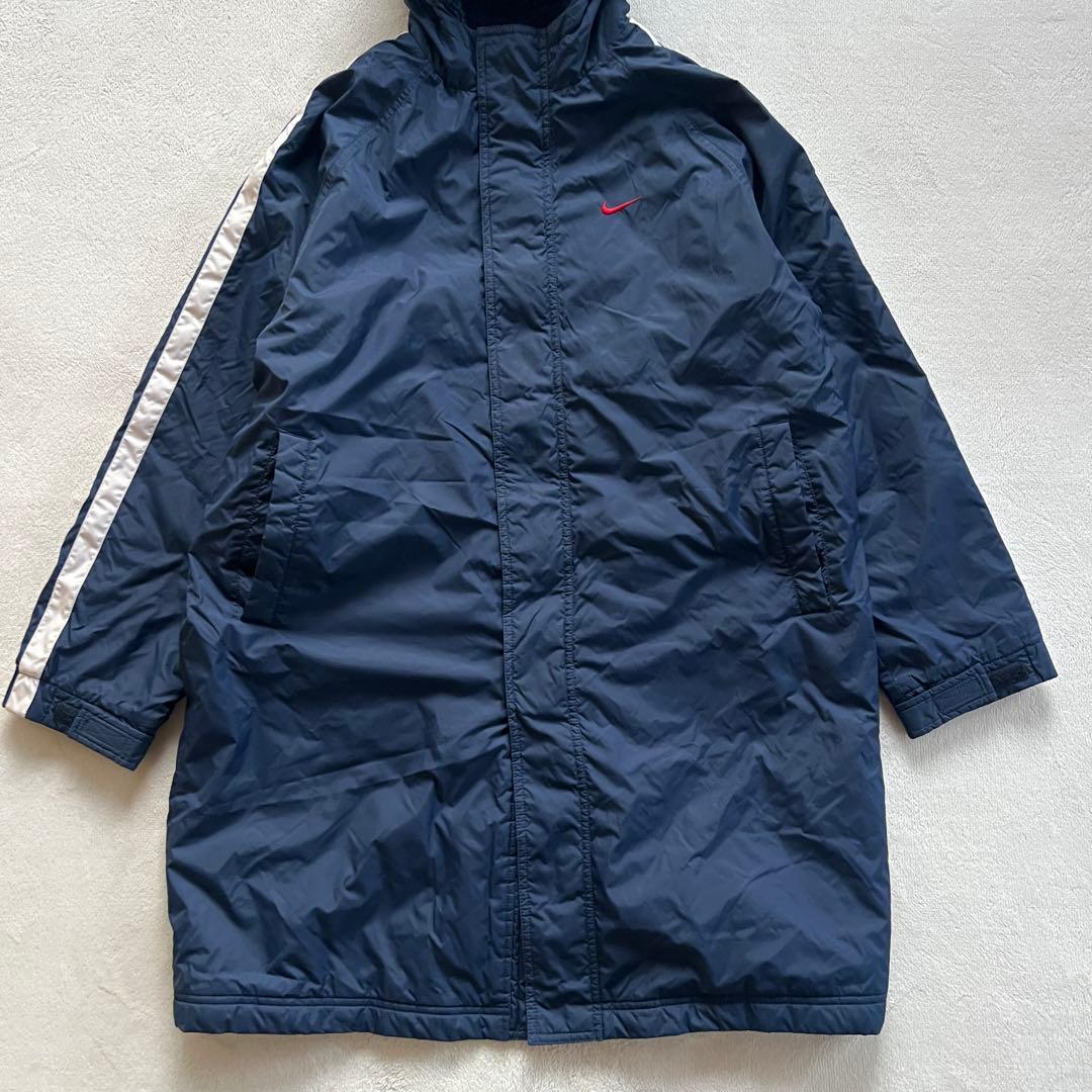 NIKE ナイキ 160㎝ ベンチコート 裏ボア 紺ネイビー 赤レッド 刺繍ロゴ