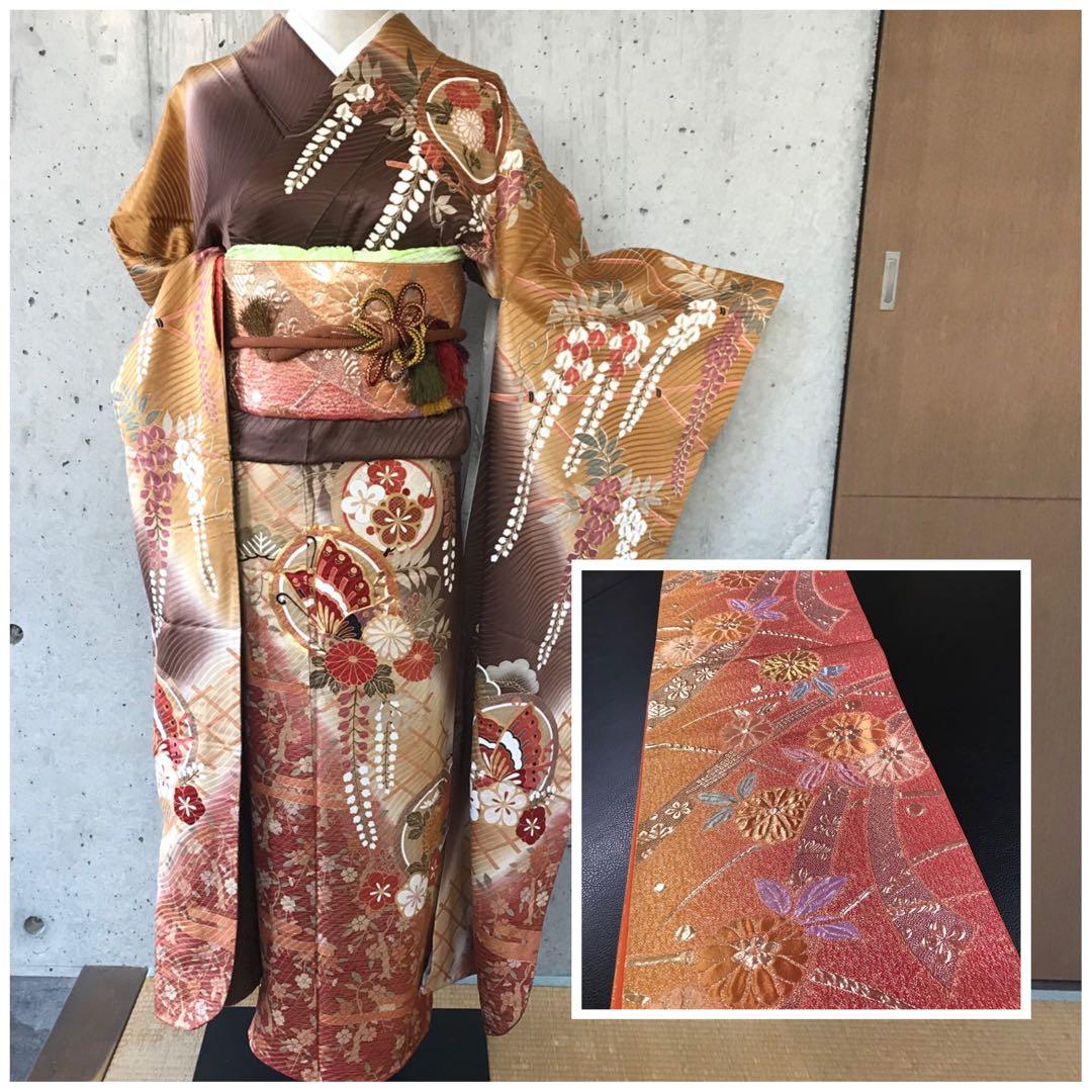 【帯サービス】正絹　振袖　花蝶に金箔　　染め分け