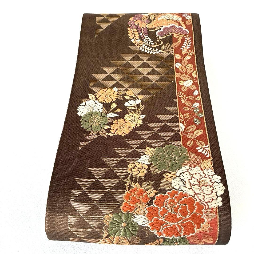 477半幅帯 小袋帯 長尺 正絹 西陣織 焦げ茶色 金通し豪華絢爛 小紋 着物