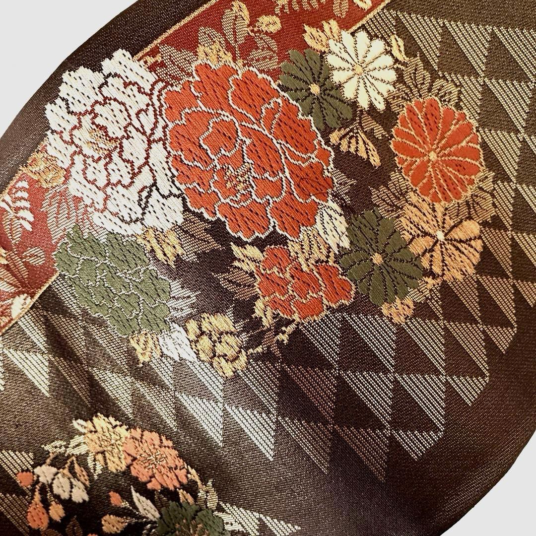 477半幅帯 小袋帯 長尺 正絹 西陣織 焦げ茶色 金通し豪華絢爛 小紋 着物