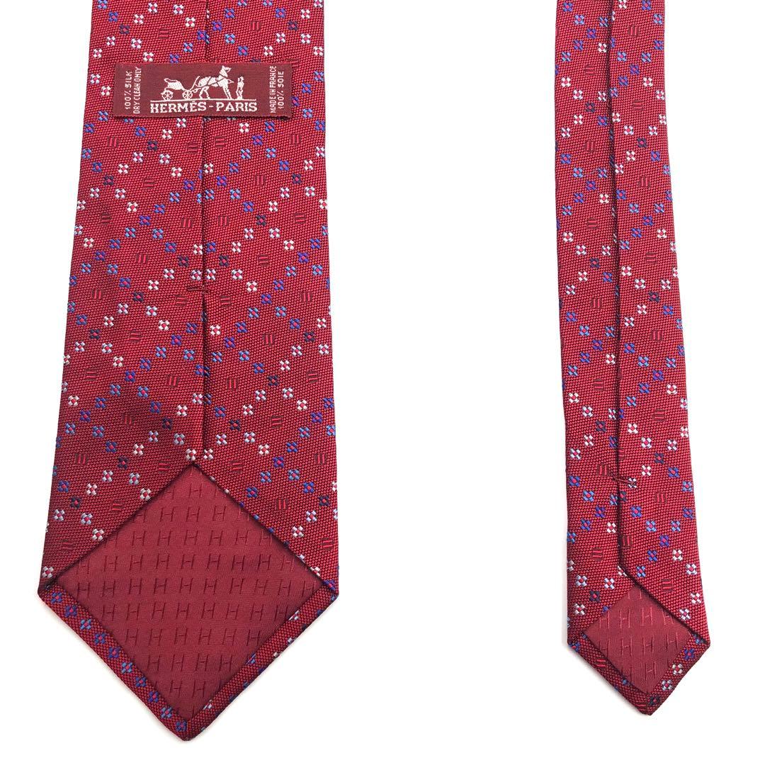 【極美品】HERMES ネクタイ 格子柄 花柄 ジャガード織 レッド
