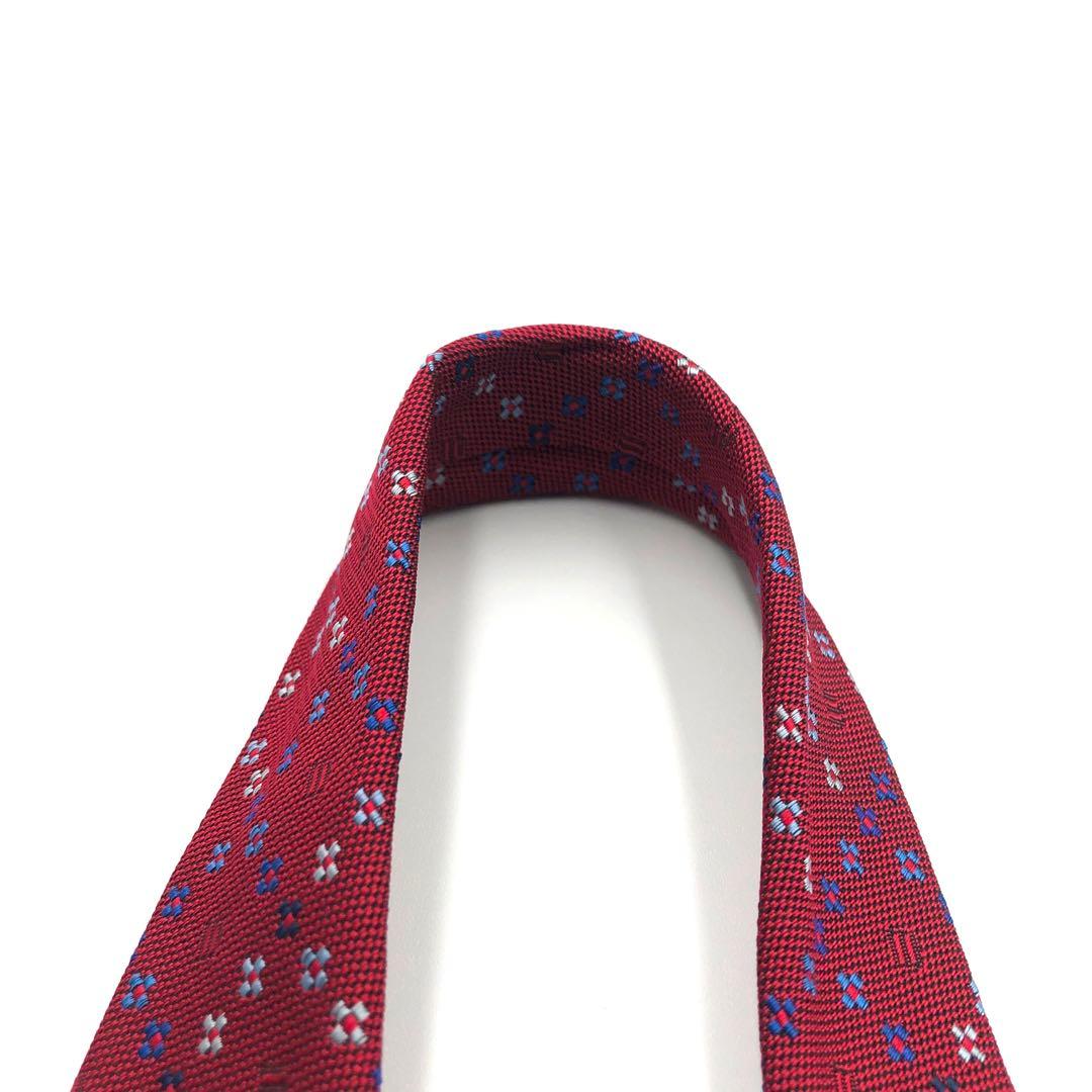 【極美品】HERMES ネクタイ 格子柄 花柄 ジャガード織 レッド