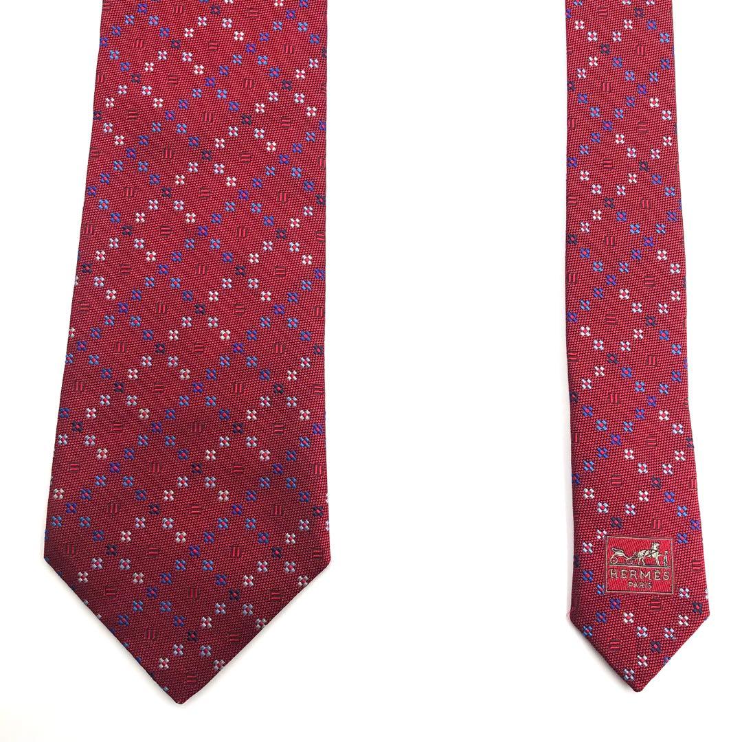 【極美品】HERMES ネクタイ 格子柄 花柄 ジャガード織 レッド
