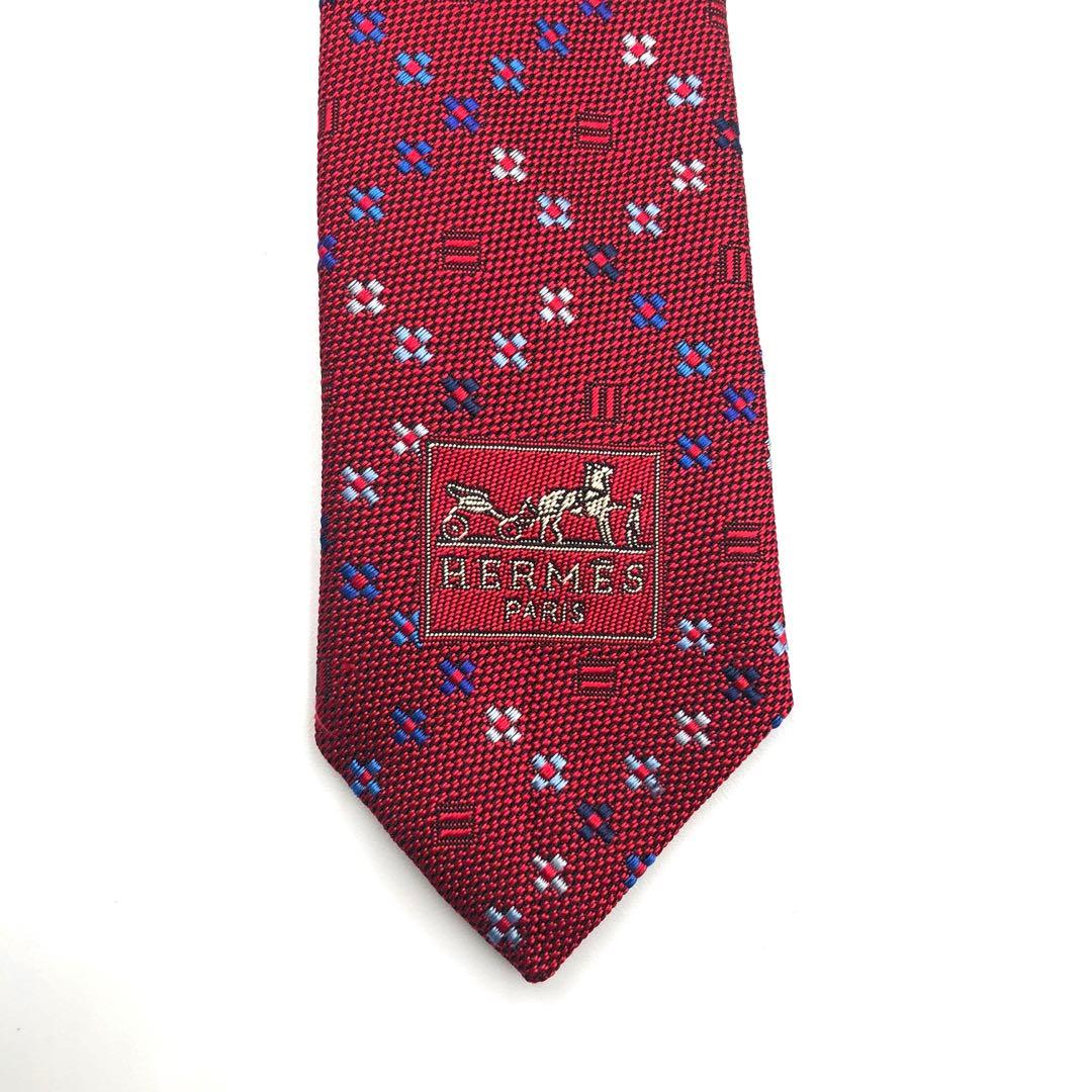 【極美品】HERMES ネクタイ 格子柄 花柄 ジャガード織 レッド