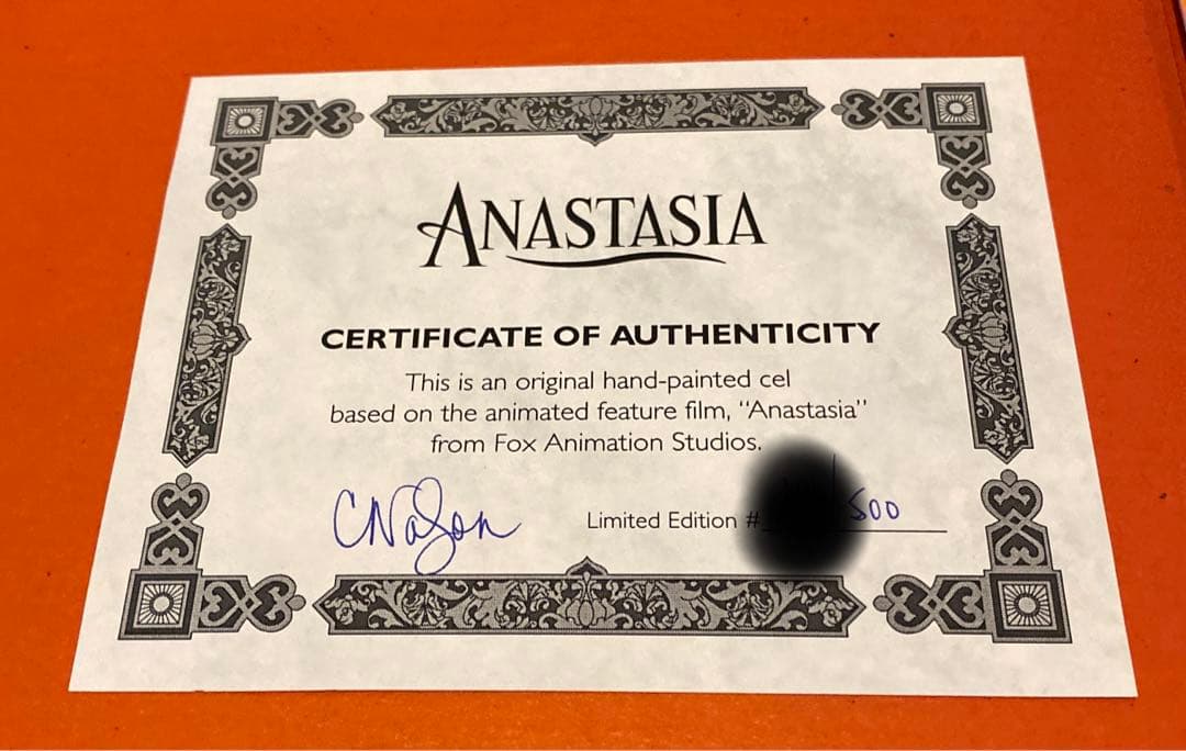 限定版サイン入りディズニーアナスタシア　セルアニメーション原画シリアルナンバー付
