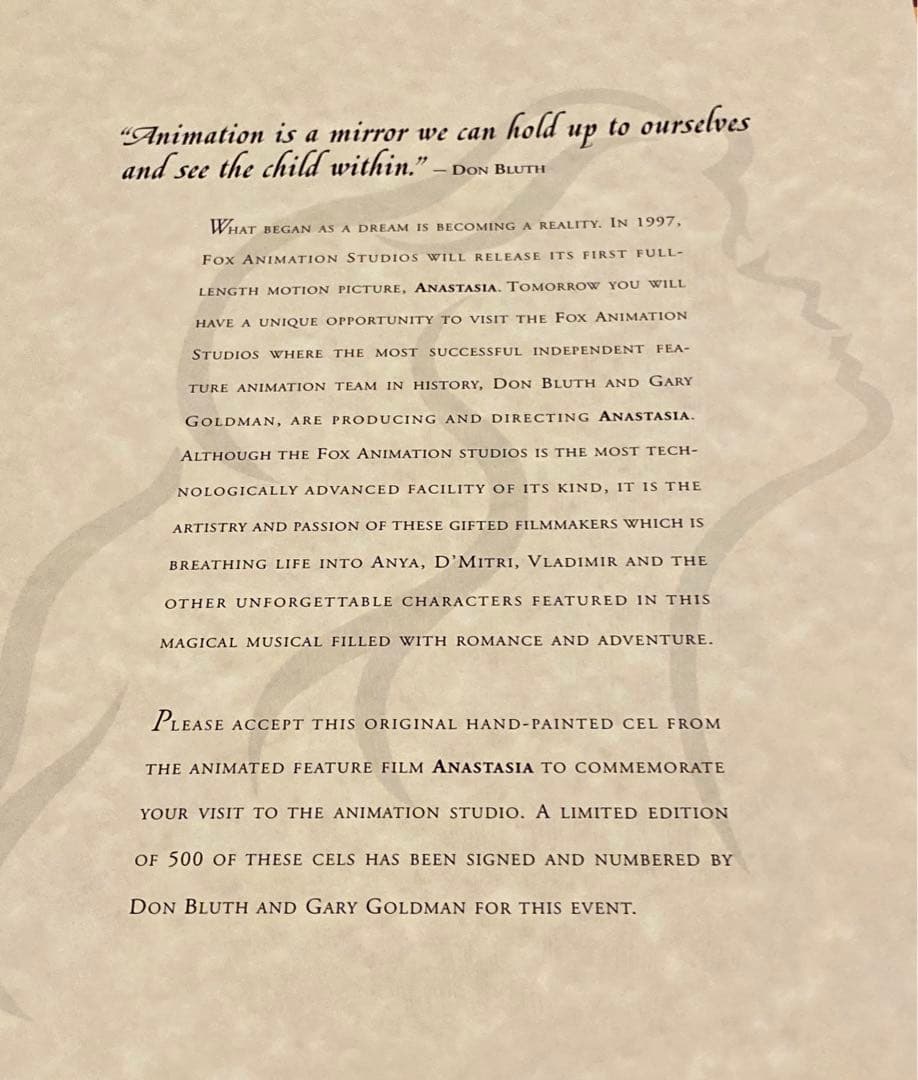 限定版サイン入りディズニーアナスタシア　セルアニメーション原画シリアルナンバー付