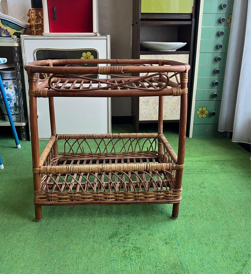 龍＊ラタン 籐 2段バスケット ランドリーバスケット 脱衣カゴ 昭和レトロ
