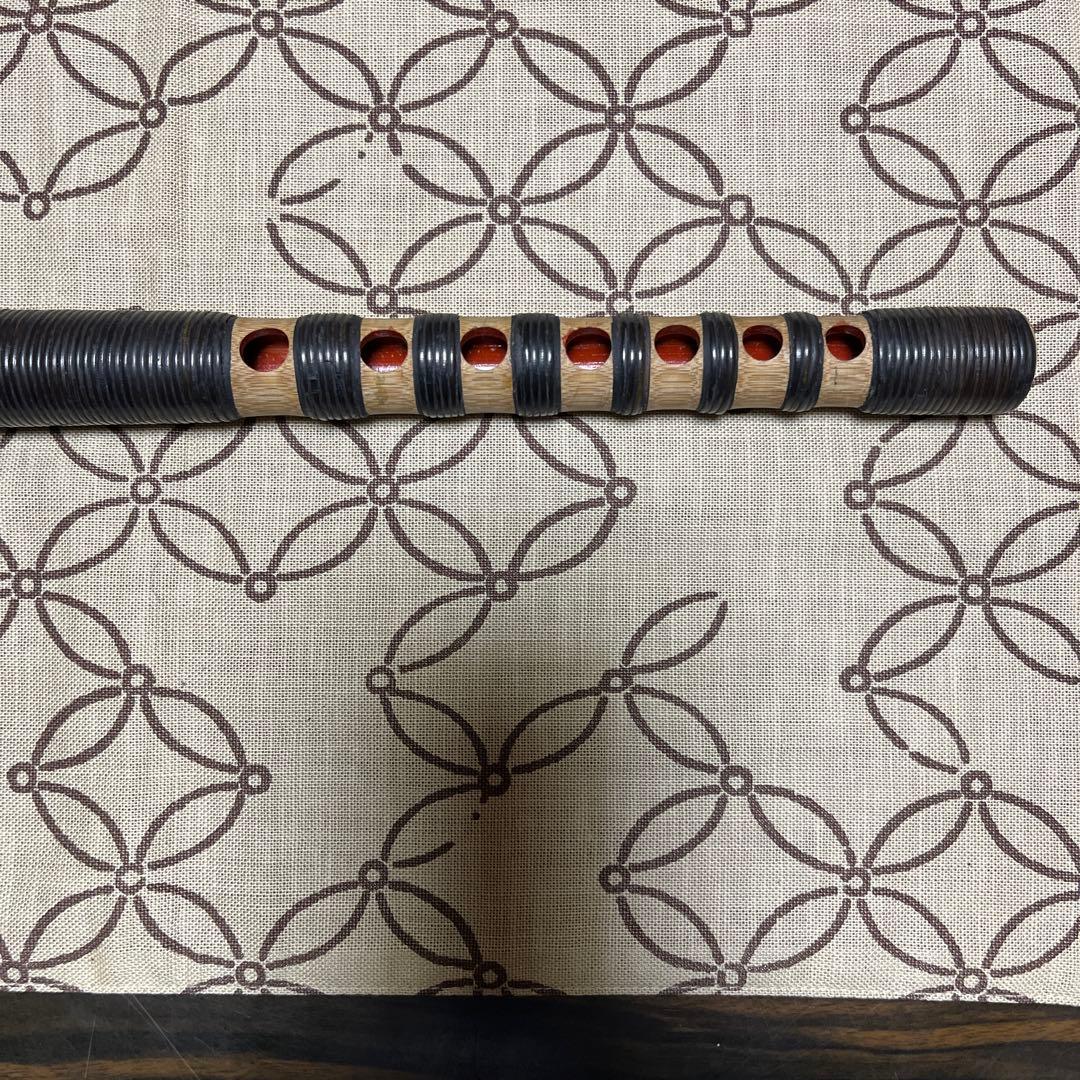 ①天然煤竹　８割り管籐巻龍笛　ケース、笛袋付