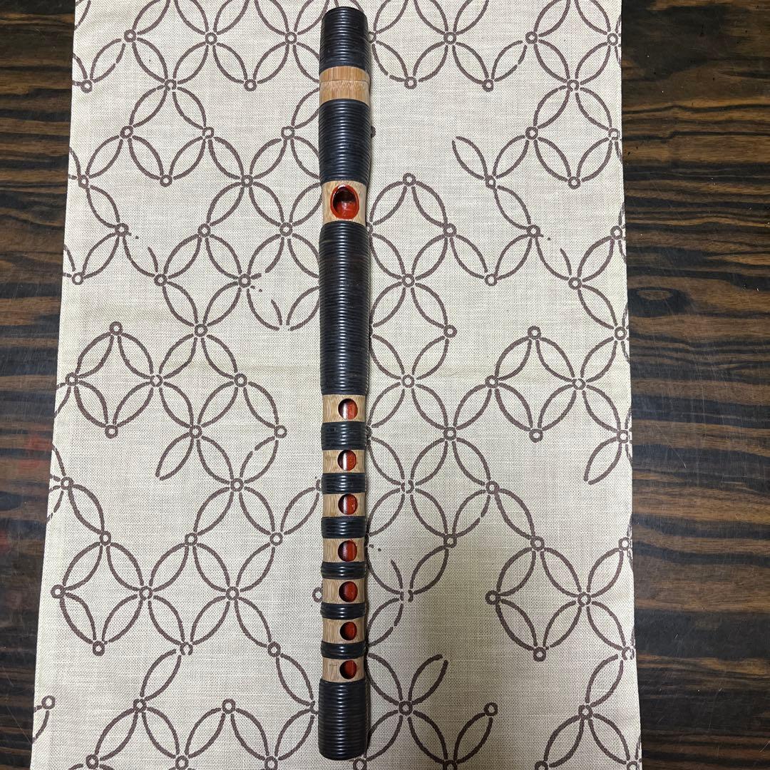 ①天然煤竹　８割り管籐巻龍笛　ケース、笛袋付