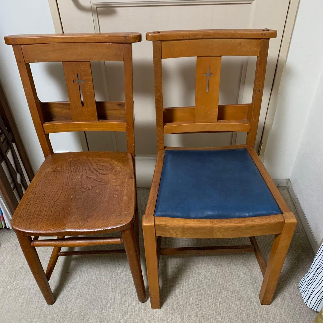 アンティーク　チャーチチェア　青い座面　レア　ヴィンテージ 椅子