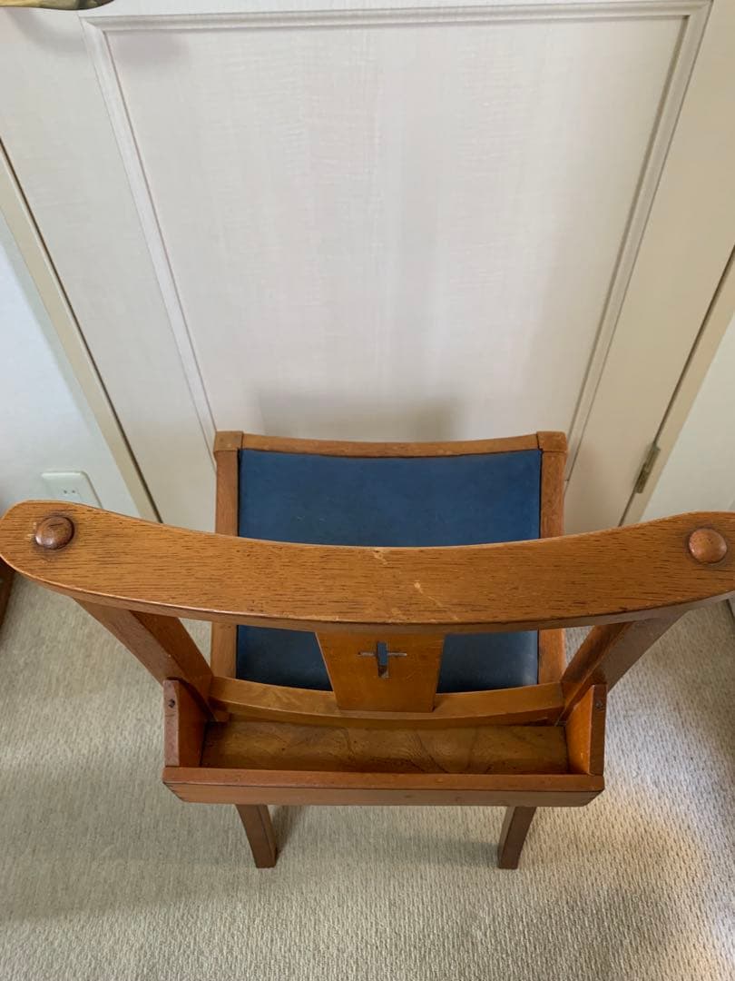 アンティーク　チャーチチェア　青い座面　レア　ヴィンテージ 椅子