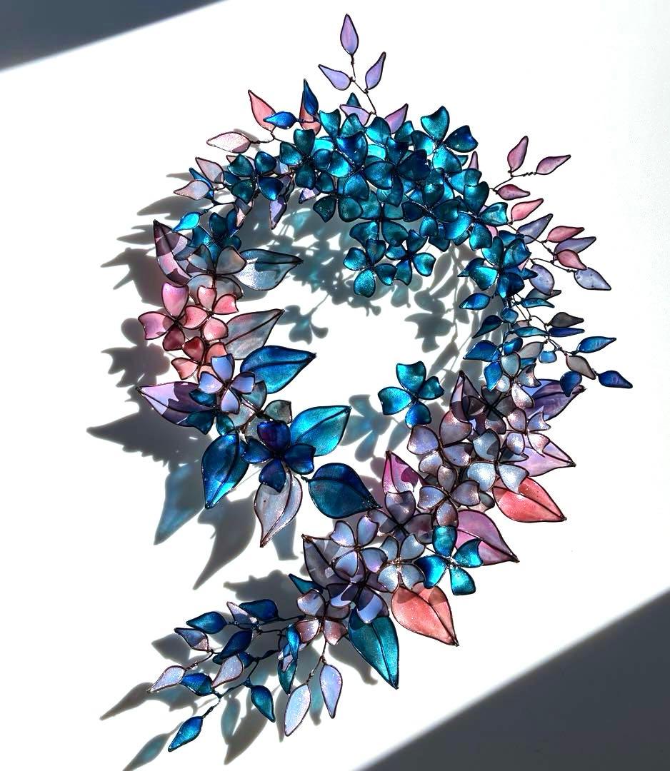 大きなフラワーボタニカルリース　ワイヤークラフト　ディップアート　アート