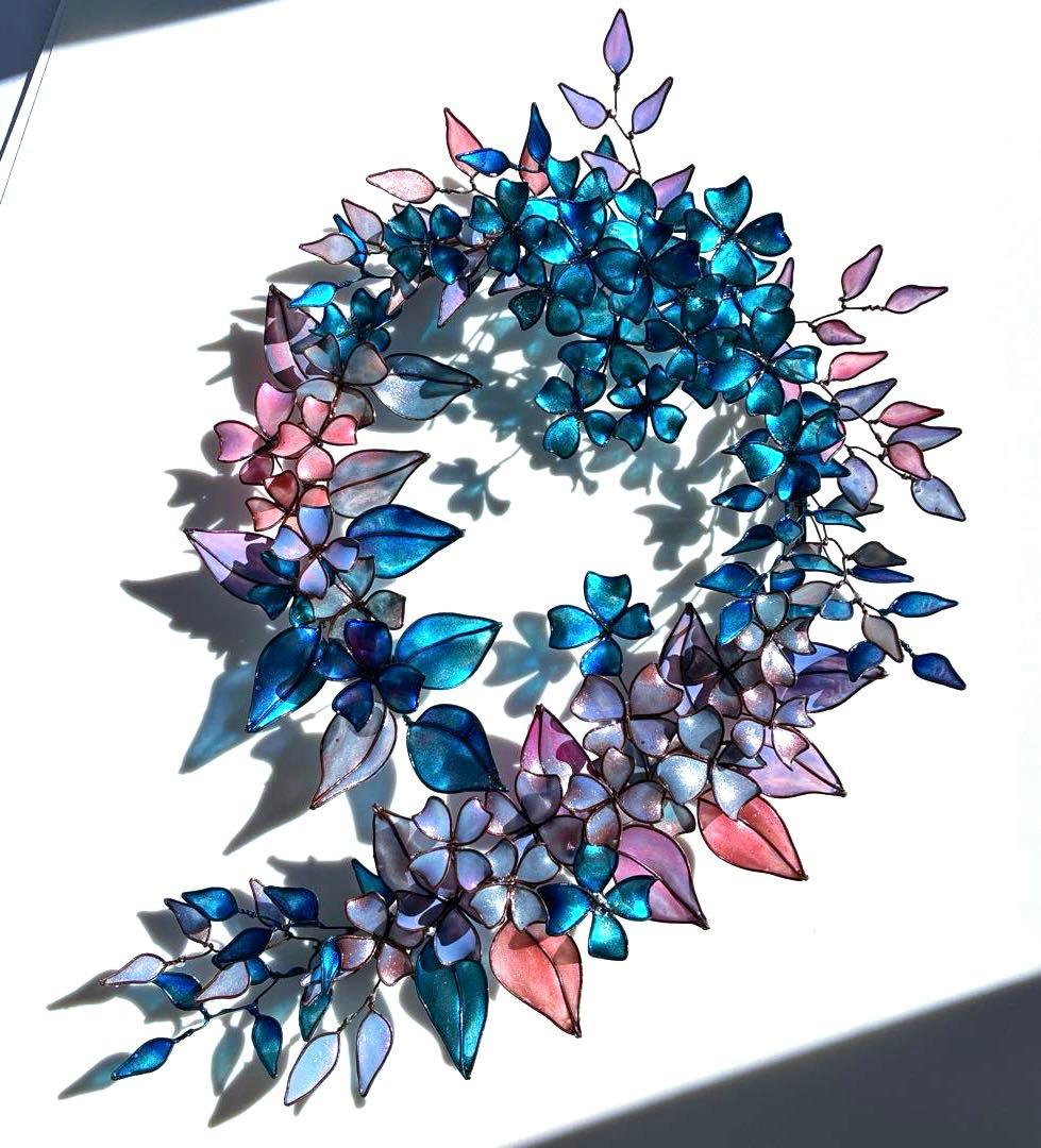 大きなフラワーボタニカルリース　ワイヤークラフト　ディップアート　アート