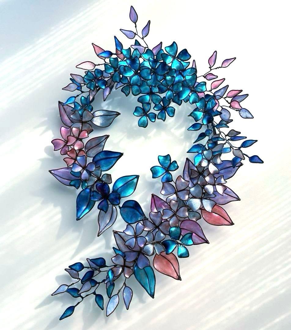 大きなフラワーボタニカルリース　ワイヤークラフト　ディップアート　アート