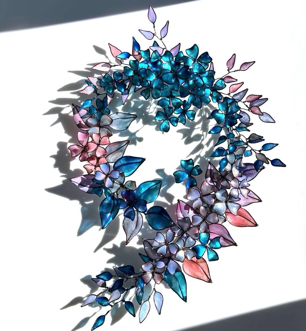 大きなフラワーボタニカルリース　ワイヤークラフト　ディップアート　アート