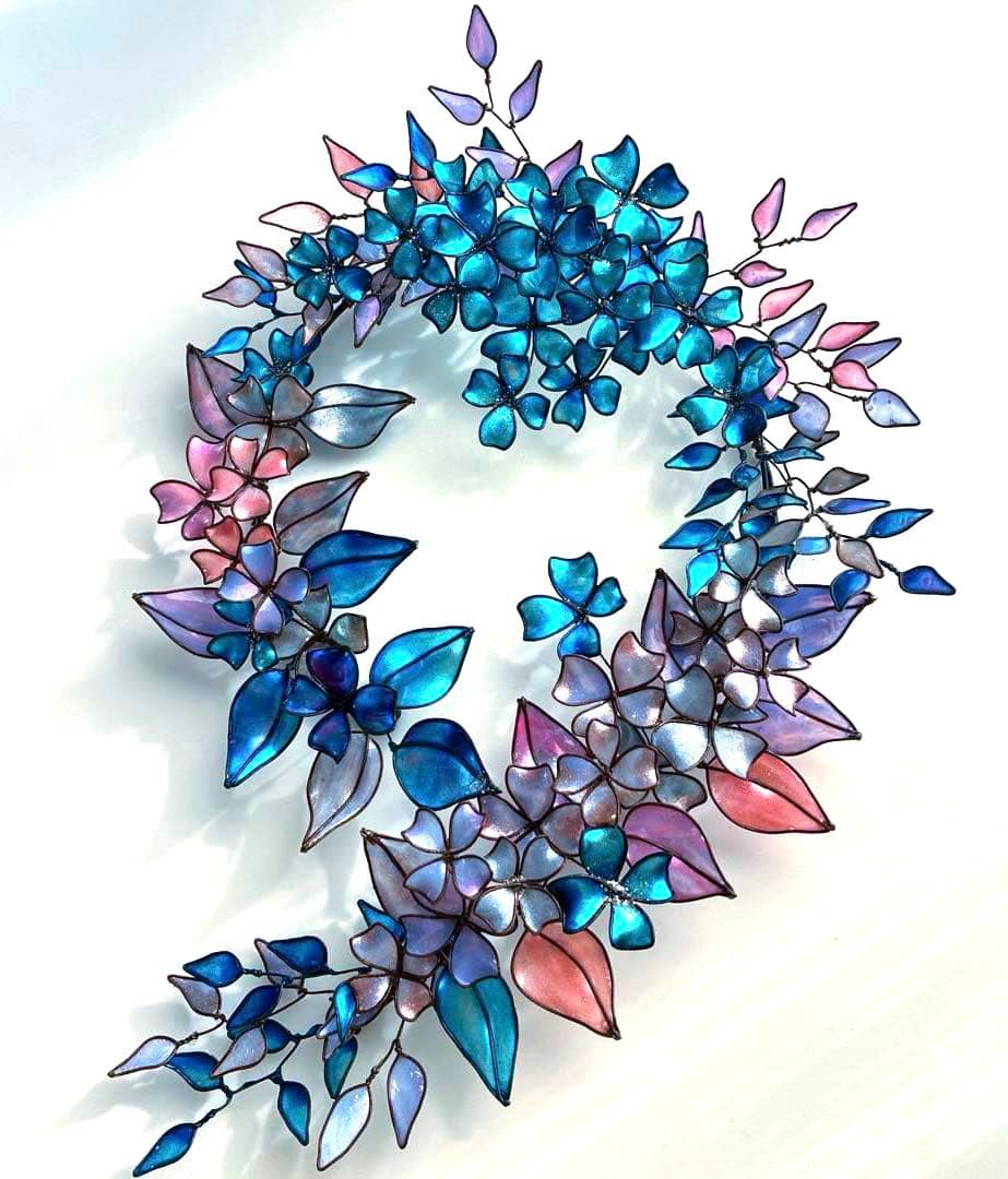 大きなフラワーボタニカルリース　ワイヤークラフト　ディップアート　アート