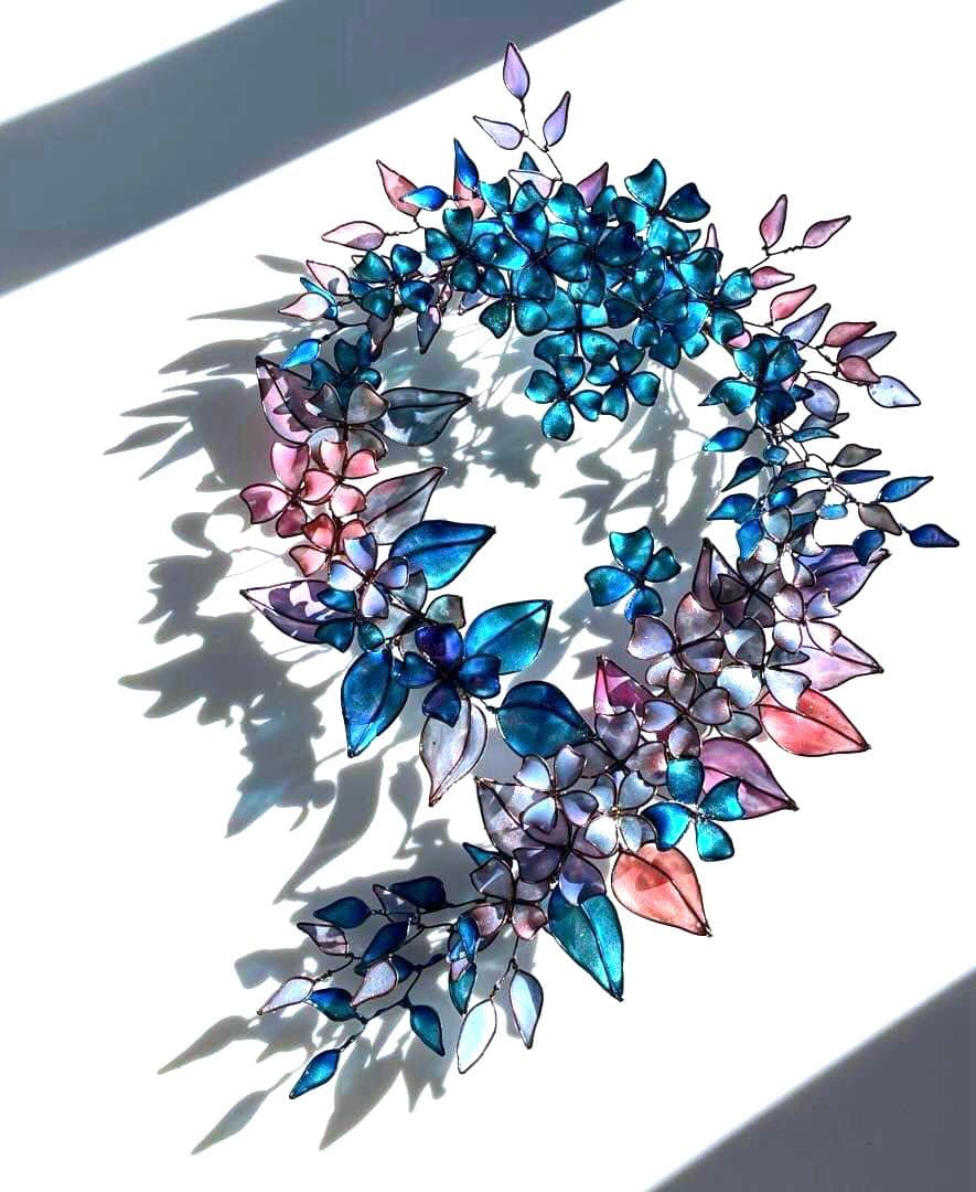 大きなフラワーボタニカルリース　ワイヤークラフト　ディップアート　アート