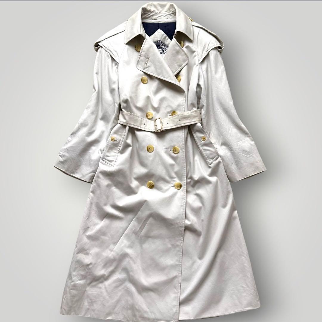 美品 着丈112 バーバリー ベルト付 トレンチコート チェック ホワイト系