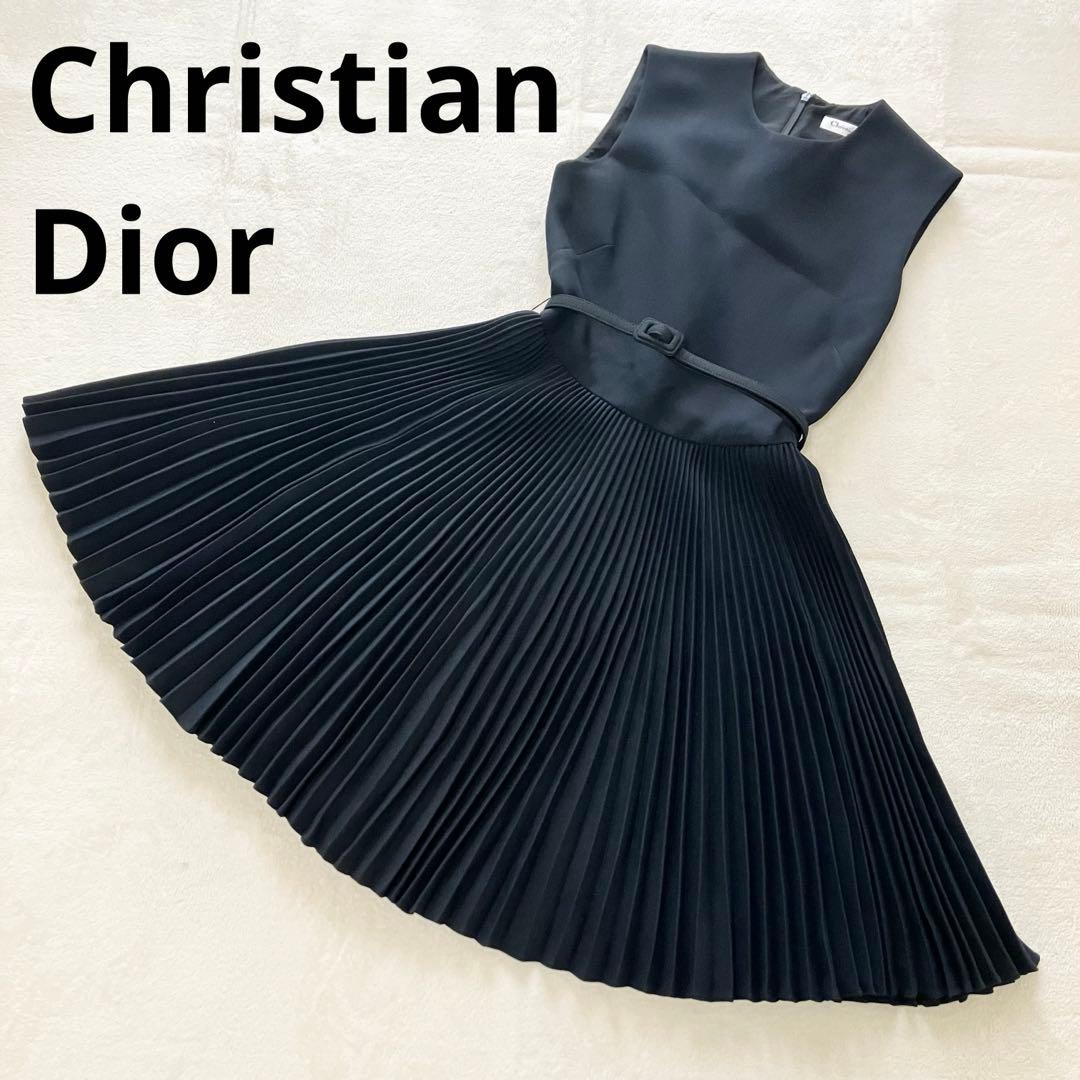 ★美品★ディオール　プリーツドレス　36 ワンピース　シルク　ウール ベルト