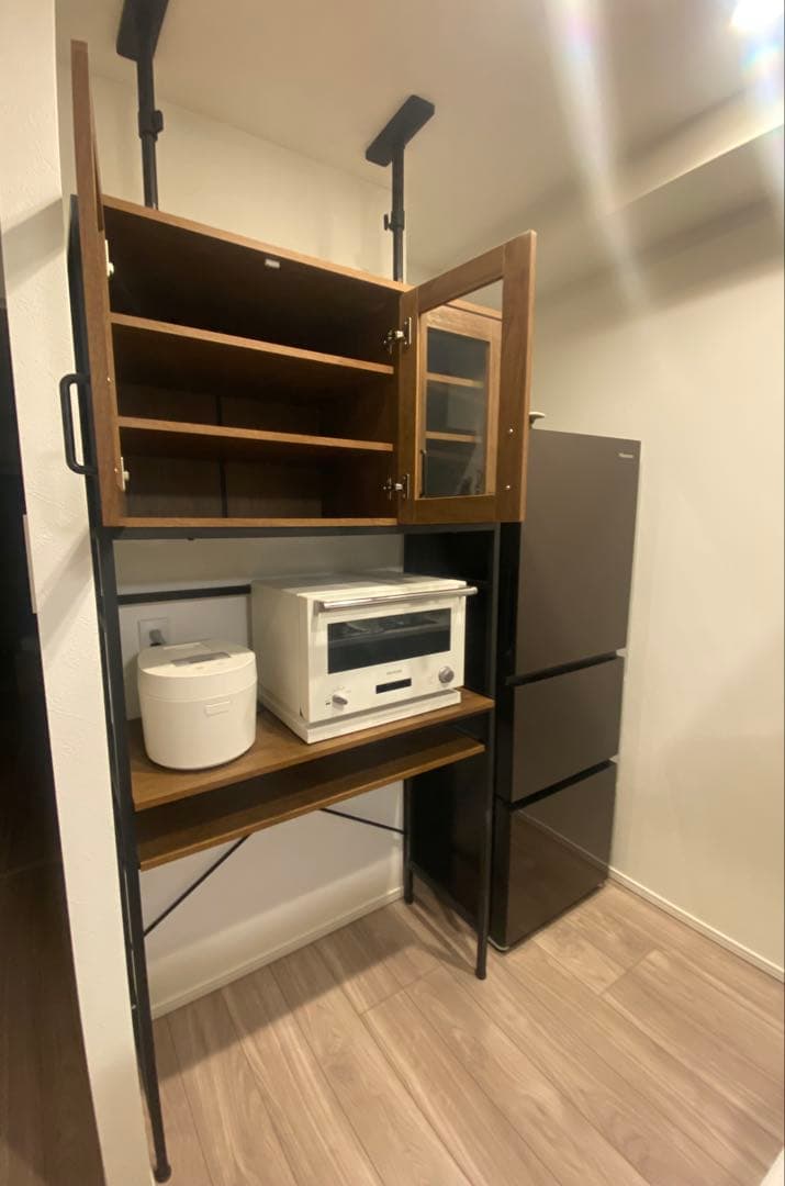食器棚 レンジ台 キッチン収納 木目調×ブラック 耐震突っ張り付き 引き取り歓迎