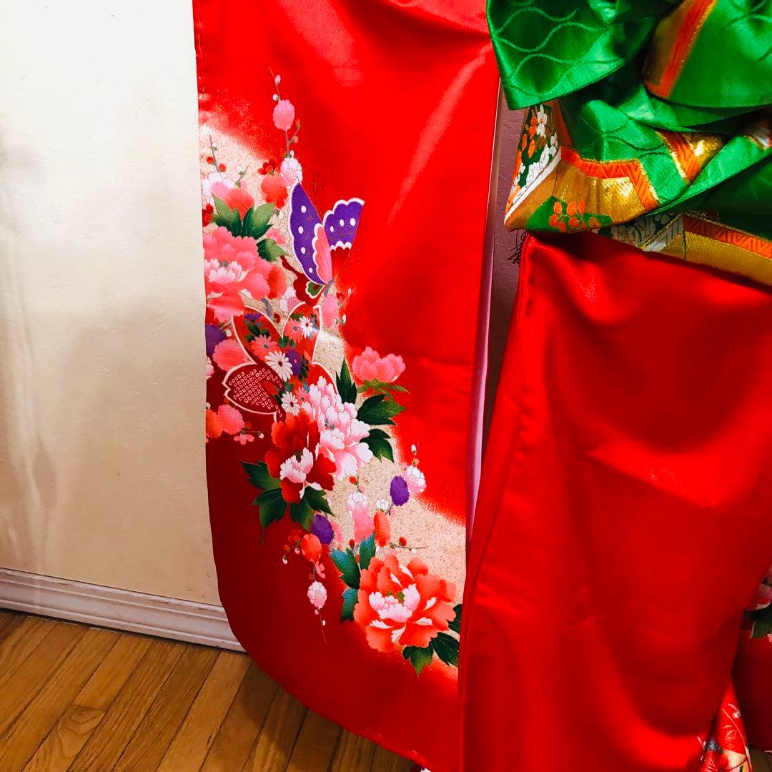 七五三七歳未使用着物‼️人気赤地暈し⭐︎手毬花々煌びやか際立つ⭐︎安心フルセット逸品