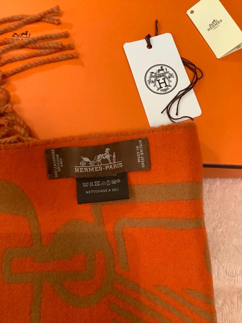 HERMES (エルメス)カシミアチェーンモチーフ ブラウン/オレンジマフラー