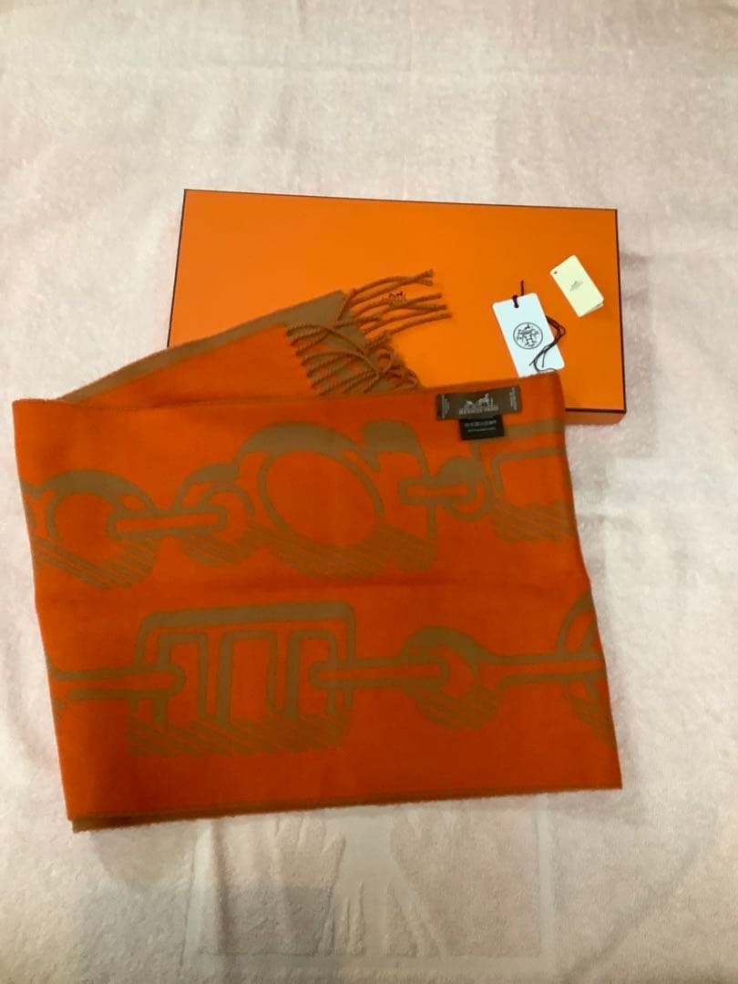 HERMES (エルメス)カシミアチェーンモチーフ ブラウン/オレンジマフラー