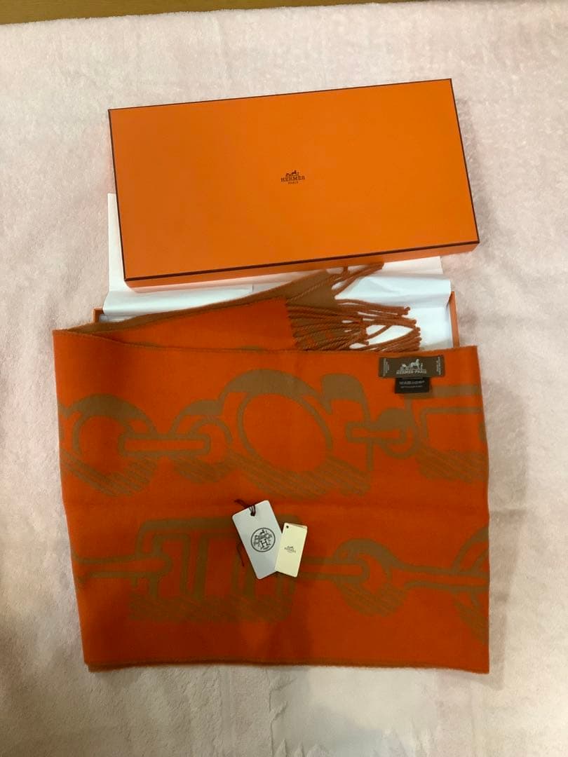 HERMES (エルメス)カシミアチェーンモチーフ ブラウン/オレンジマフラー