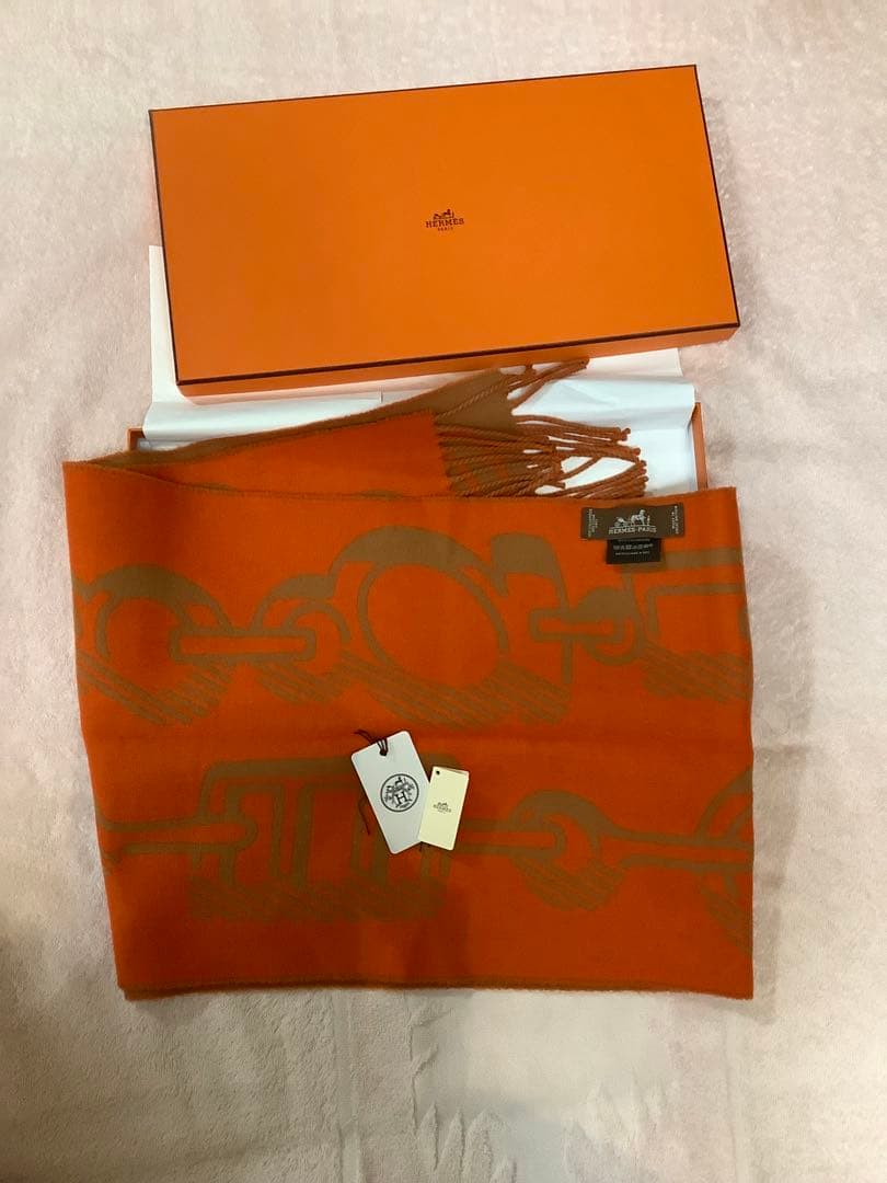 HERMES (エルメス)カシミアチェーンモチーフ ブラウン/オレンジマフラー