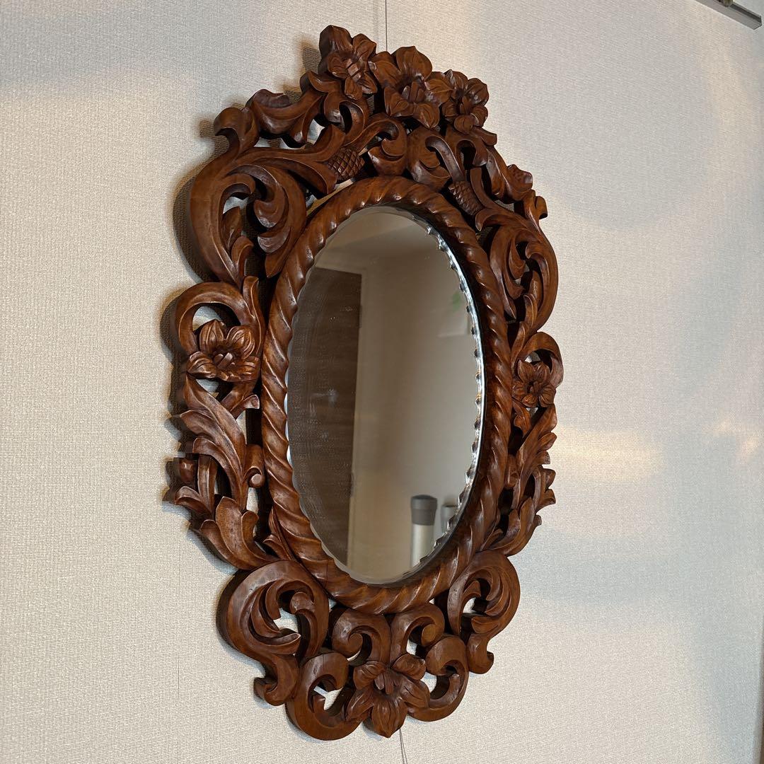 ウォールミラー 木彫り フローラルデザインオーバルミラー　ビンテージ　壁掛け鏡