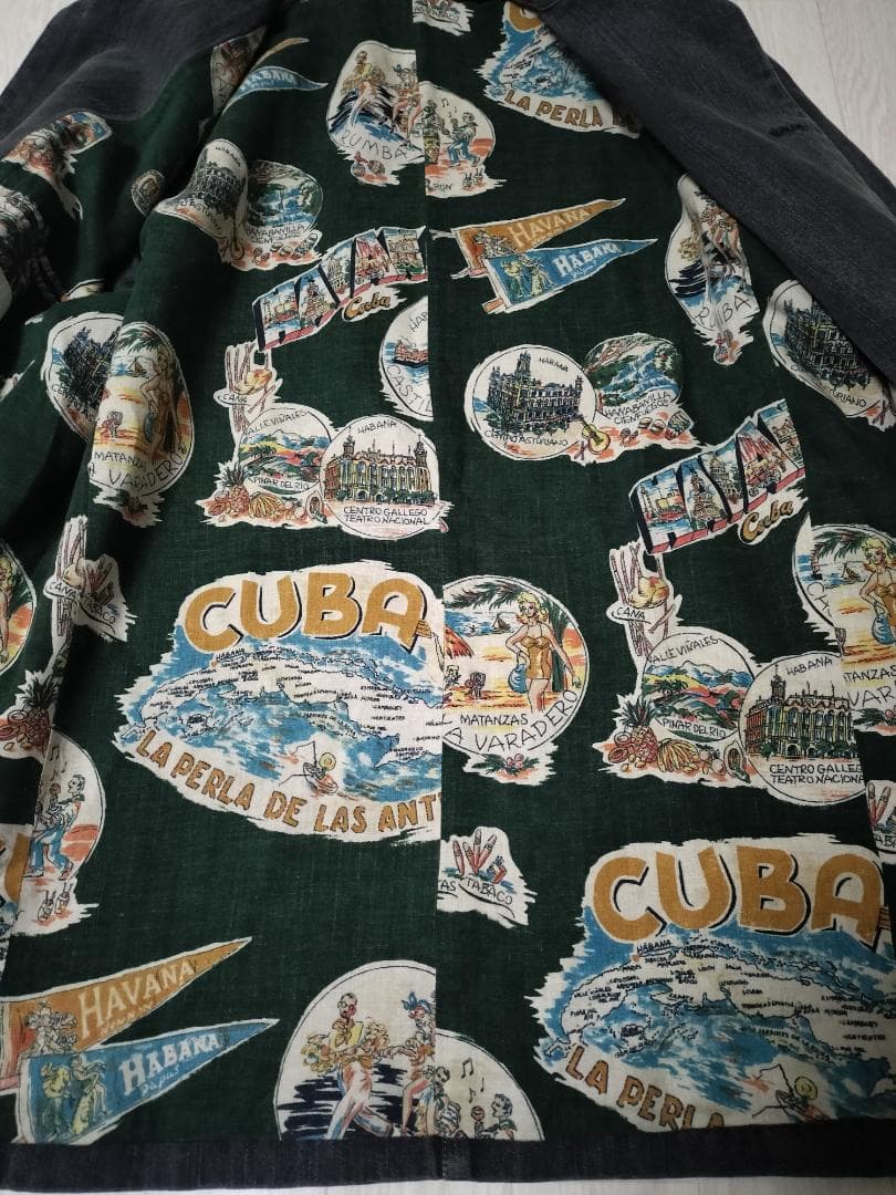 パパス/リネン混デニムカバーオール裏地南国プリント総柄ロゴ刺繍ゆったりシルエット