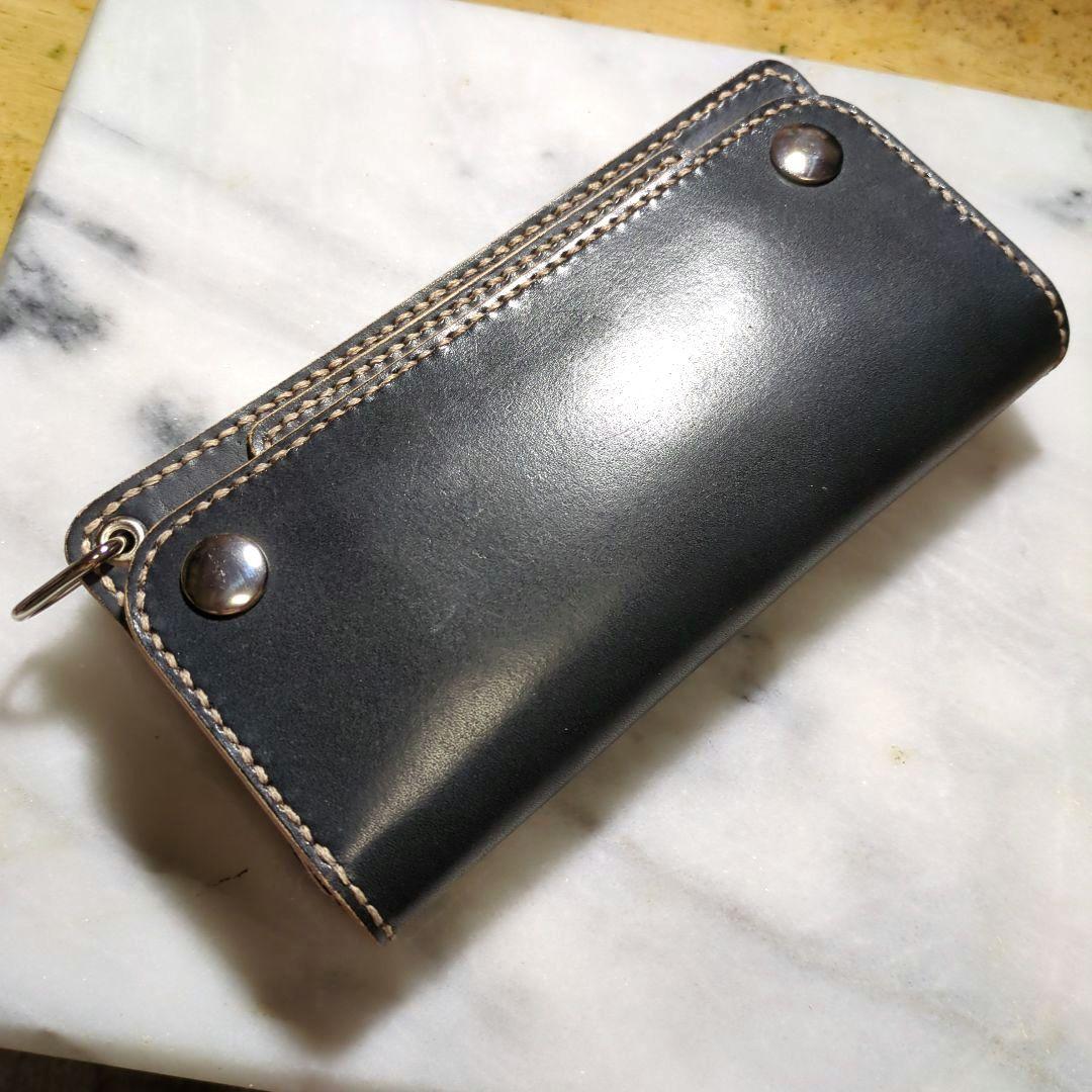 姫路ヌメ革 ハンドメイド トラッカーウォレット 長財布 ロングウォレット 黒