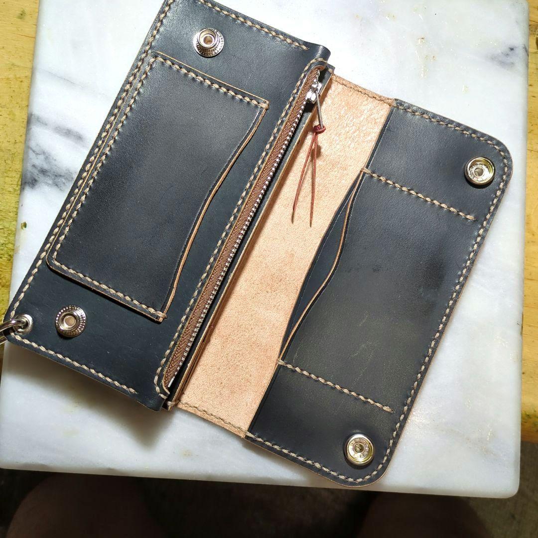 姫路ヌメ革 ハンドメイド トラッカーウォレット 長財布 ロングウォレット 黒