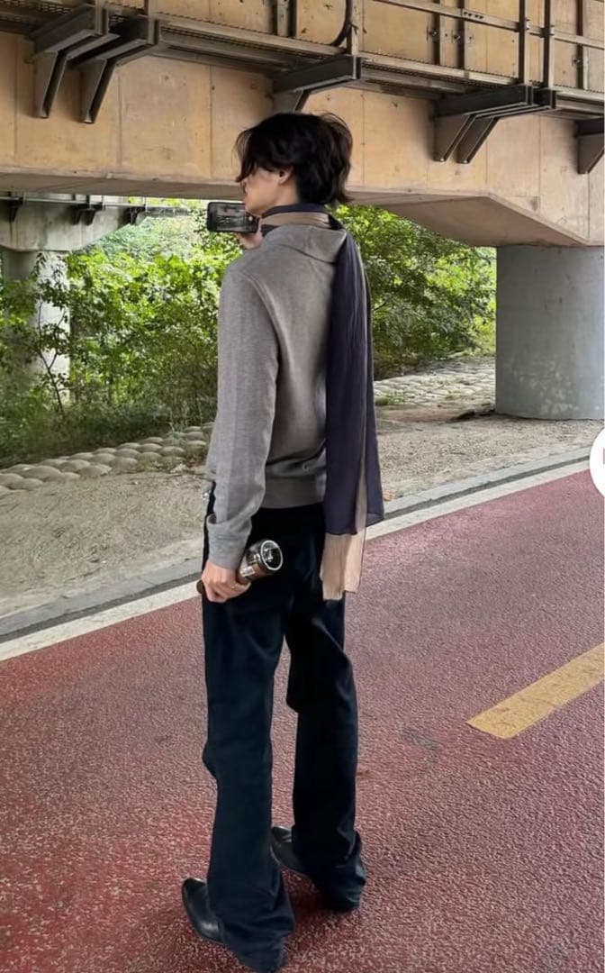 サンウォン着用　グレー ウール混紡 スカーフ付きマフラー