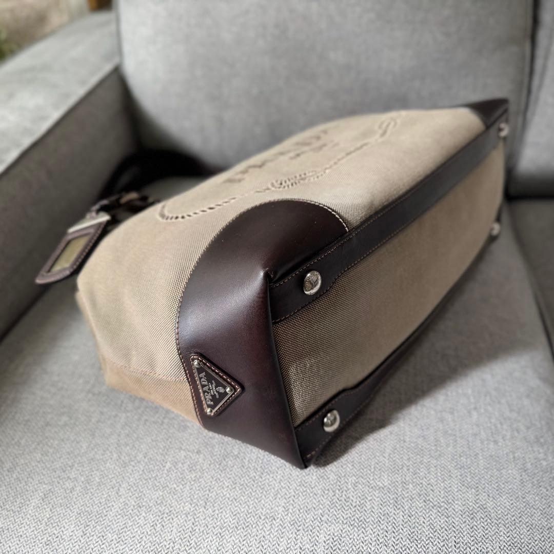 PRADA プラダ トートバッグ ジャガード レザー ベージュ ダークブラウン