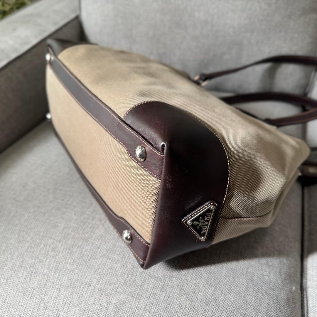 PRADA プラダ トートバッグ ジャガード レザー ベージュ ダークブラウン