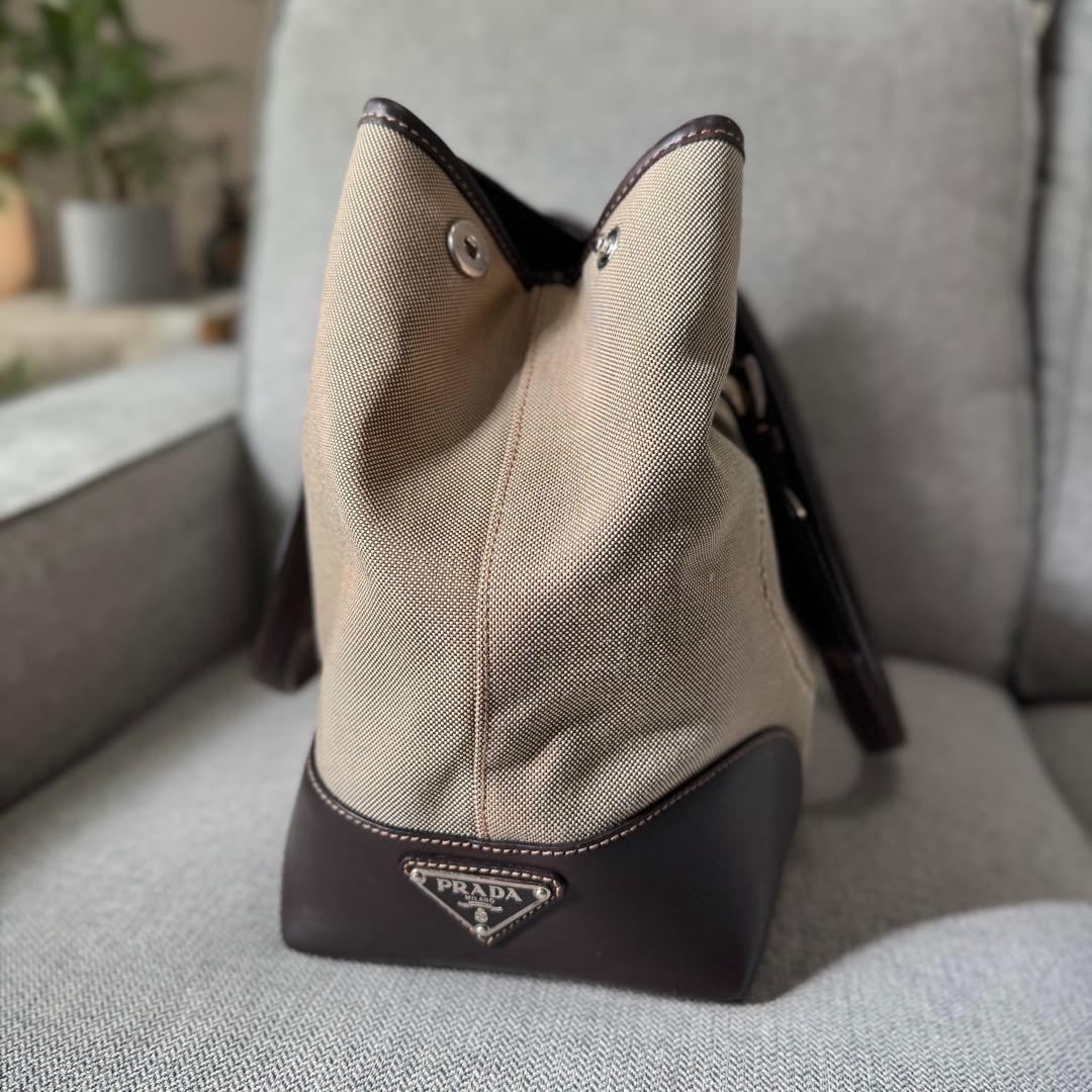 PRADA プラダ トートバッグ ジャガード レザー ベージュ ダークブラウン