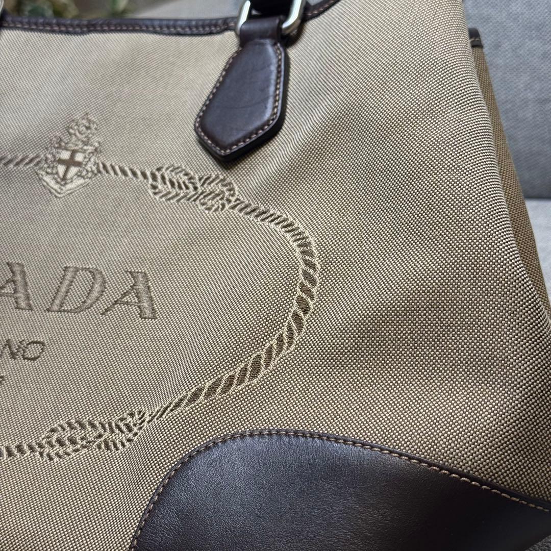 PRADA プラダ トートバッグ ジャガード レザー ベージュ ダークブラウン