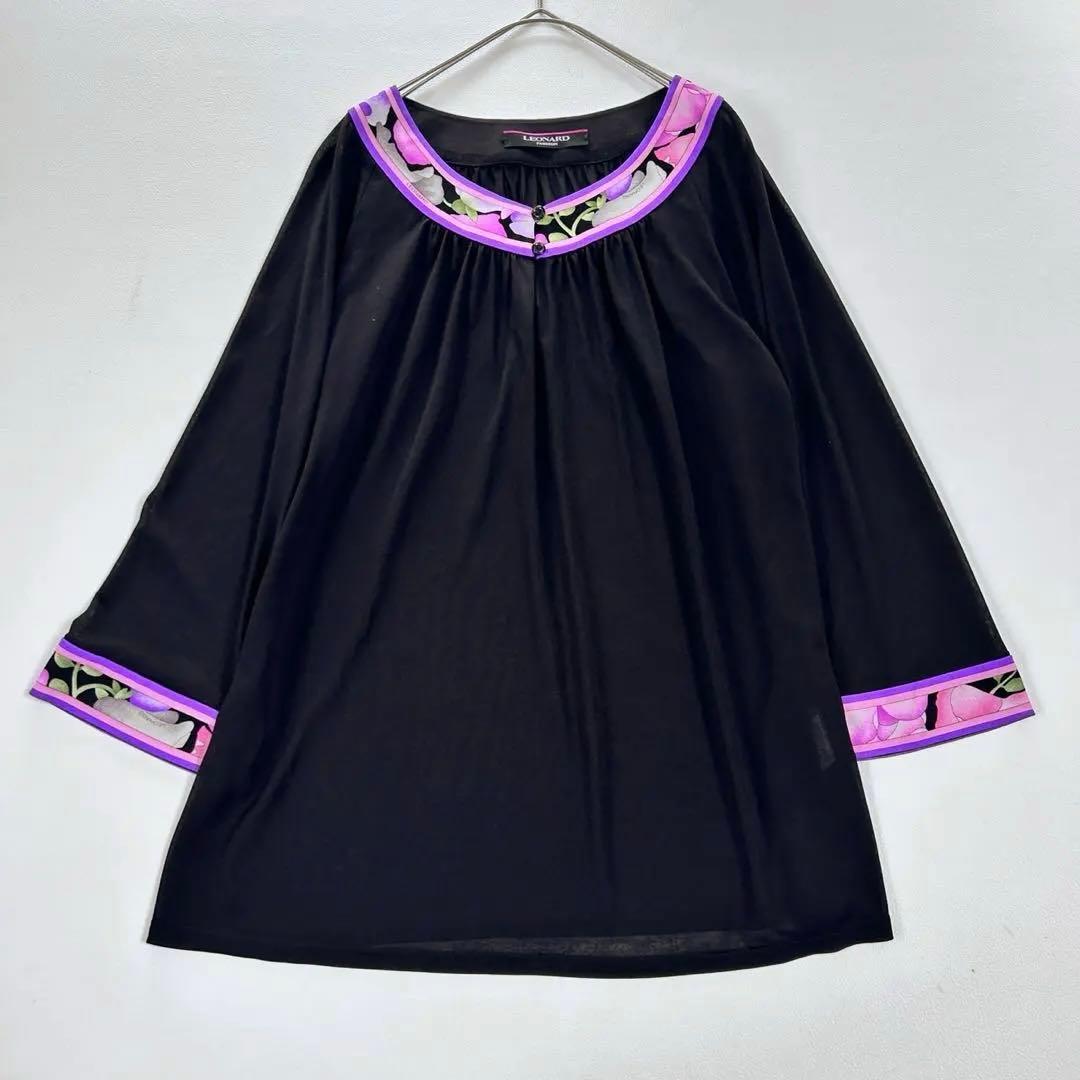 大きいサイズ レオナール カンカン素材 花柄トリム チュニック LL 黒