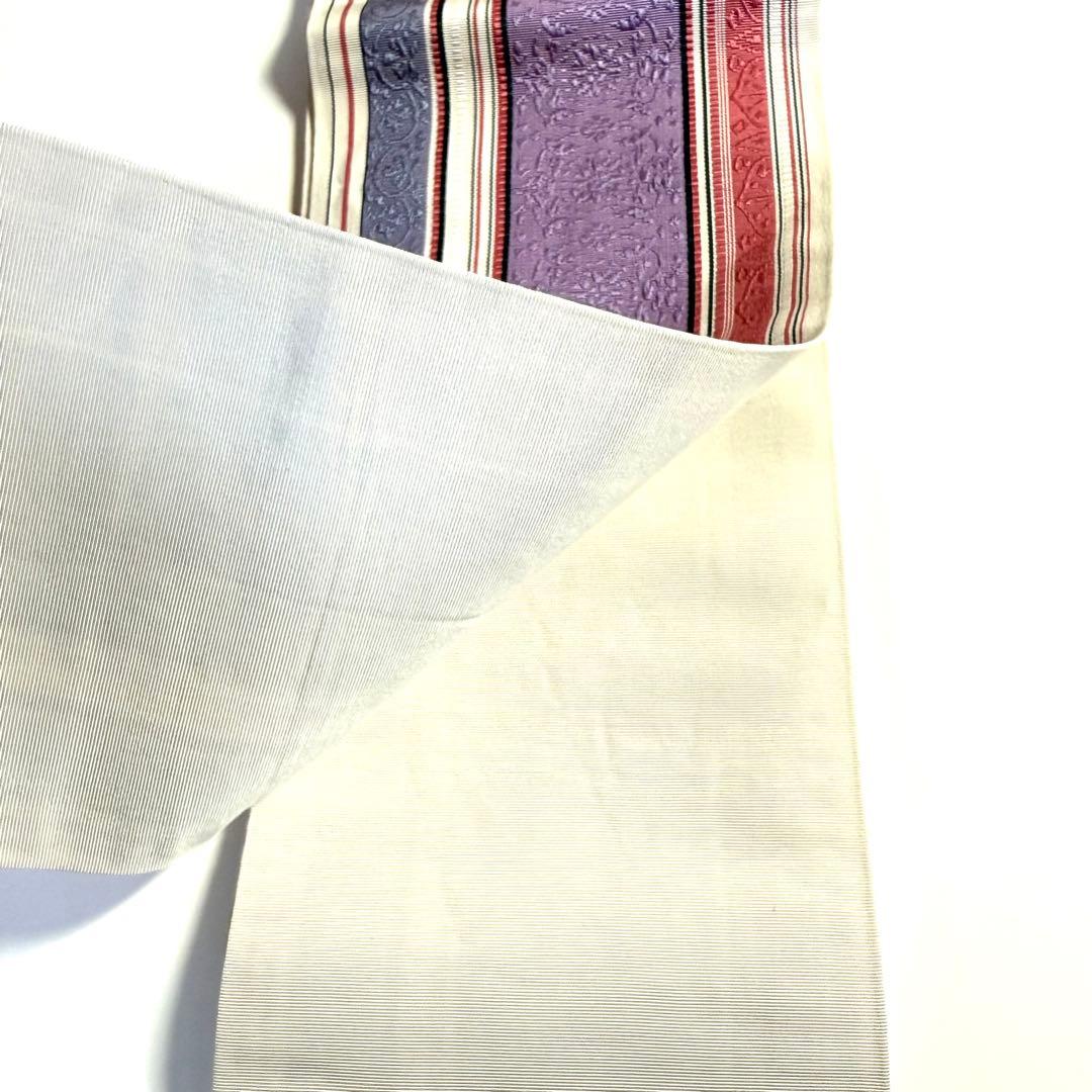 6k219 半幅帯　絹　博多帯　本場筑前　博多織工業組合　帯は博多　白　紫　花柄