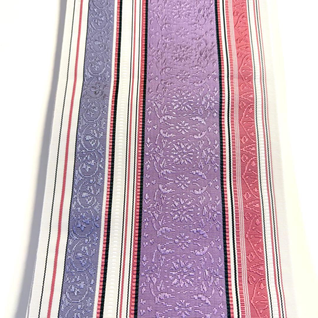 6k219 半幅帯　絹　博多帯　本場筑前　博多織工業組合　帯は博多　白　紫　花柄