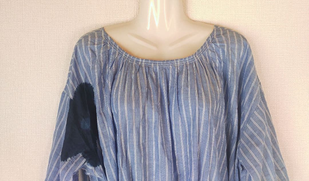 新品　琉球藍染工房　ストライプ紺花シャツワンピース　ロング丈　ウエストリボン付き