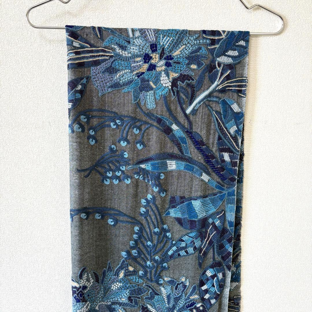 大判ストール 刺繍 シルク混 ブルー フリンジ付き