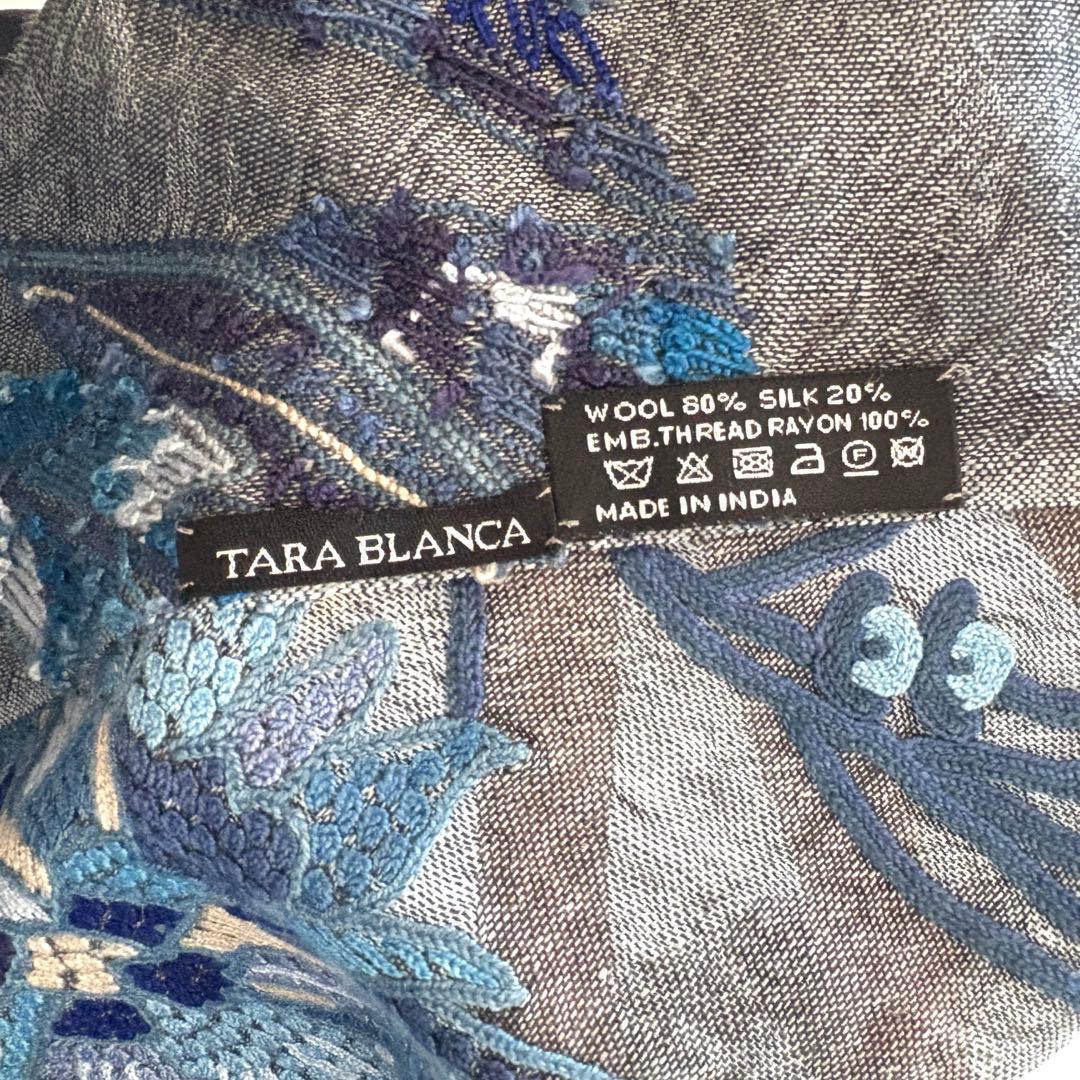 大判ストール 刺繍 シルク混 ブルー フリンジ付き