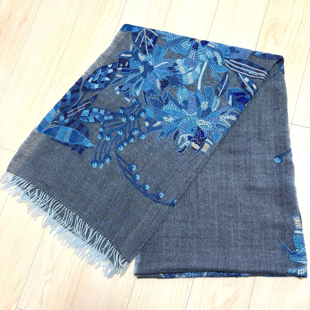 大判ストール 刺繍 シルク混 ブルー フリンジ付き