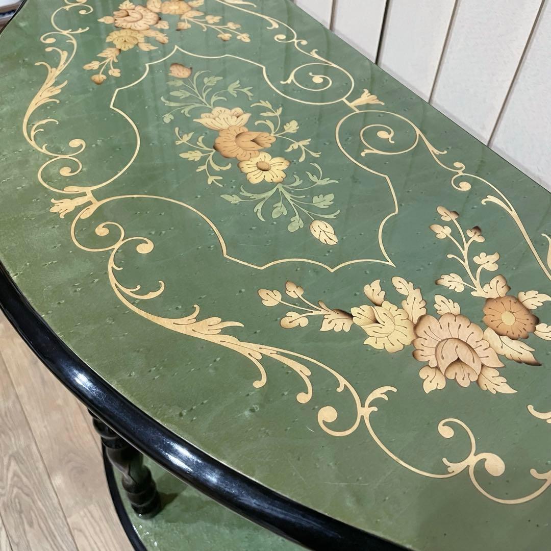 イタリア製　ビンテージ　コンソール　テーブル　象嵌　花柄　装飾　半月型　木製　緑