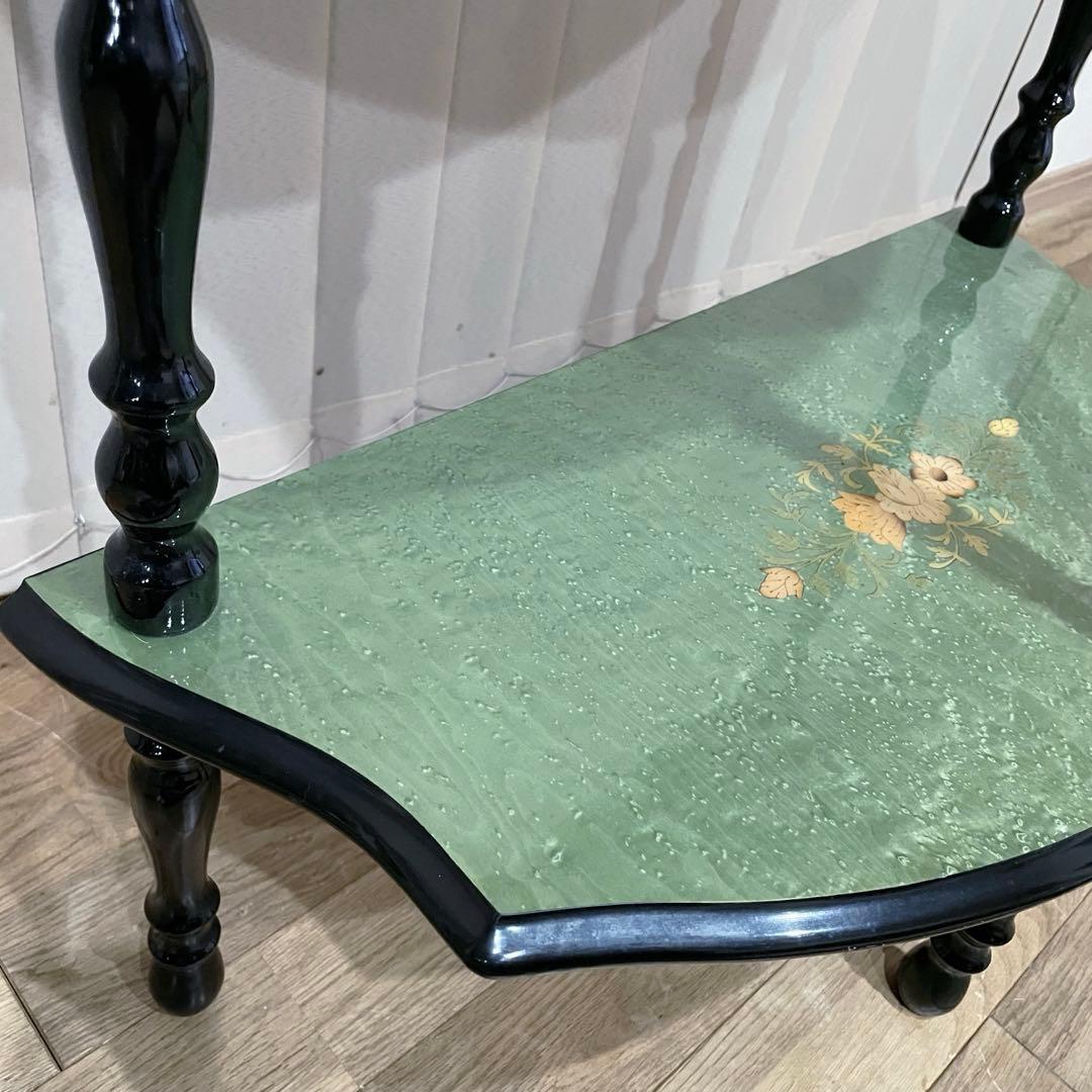 イタリア製　ビンテージ　コンソール　テーブル　象嵌　花柄　装飾　半月型　木製　緑