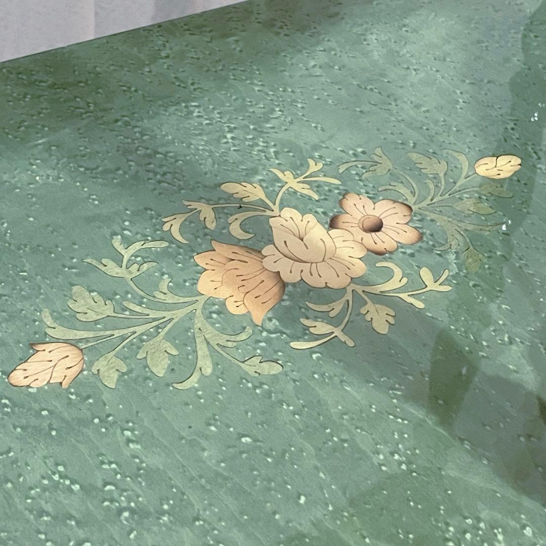 イタリア製　ビンテージ　コンソール　テーブル　象嵌　花柄　装飾　半月型　木製　緑