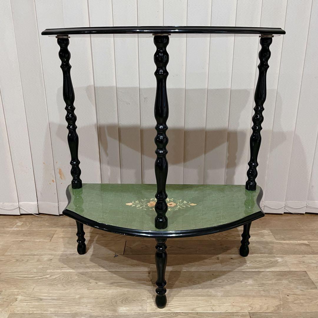 イタリア製　ビンテージ　コンソール　テーブル　象嵌　花柄　装飾　半月型　木製　緑