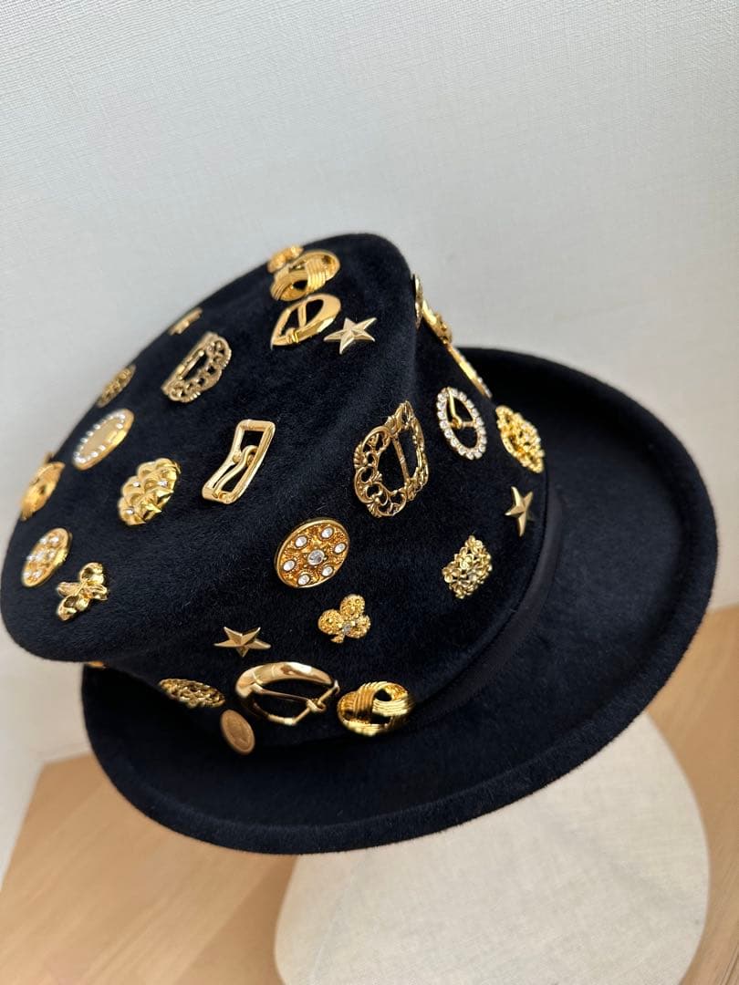 メタルパーツ ハット　黒ブラック　ウールフェルト 1点物ハンドメイドシルクハット